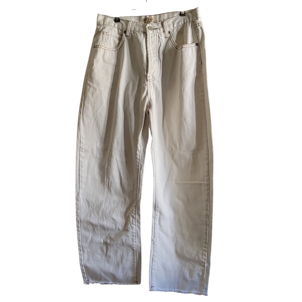 VRG GRL On The Record Denim Button Fly White Jeans Wide Leg Raw Hem 12